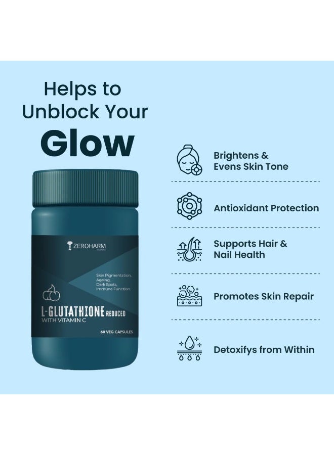 ZEROHARM L-Glutathione Reduced with Vitamin C, E & Biotin | Glutathione Capsules for Skin Whitening | Skin Glow, Pigmentation & Collagen Support for Men and Women | 1000mg per Serving | 60 Capsules - Image 2