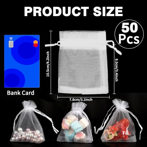 BOEIAC Organza Bags, White Organza Bags, 50Pcs, Sheer Organzas Bag 3 x 4 inch, Jewelry Gift Bags, Party Favor Bags with Drawstring, Mesh Gift Pouches Mini Candy Pouch for Wedding Christmas Party - Image 2