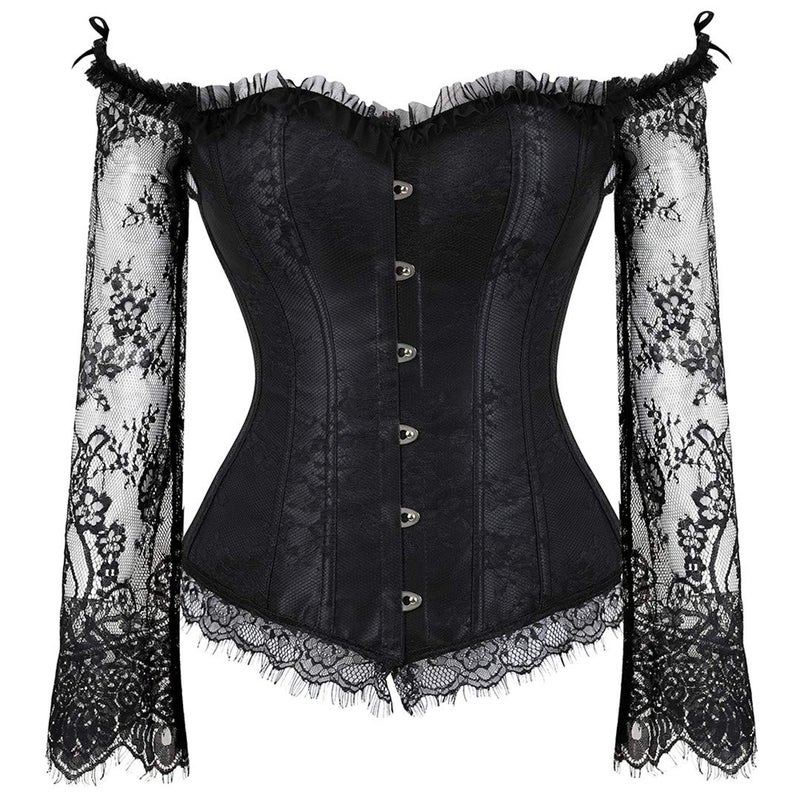 Kranchungel Corset for Womens Halloween Costumes: Corset with Sleeves Lace Bustier for Renaissance Festival Theme Parties X-Large Black - Image 1