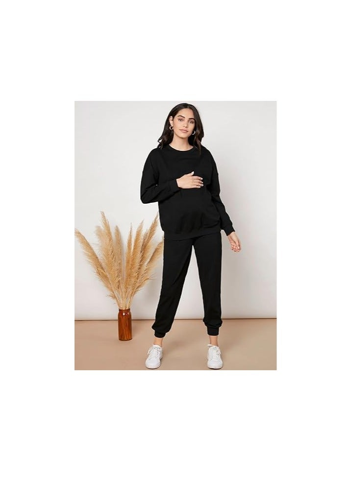 Women's Maternity 2 Piece Outfits Drop Shoulder Sweatshirt Jogger Tracksuit Sets  - Image 2