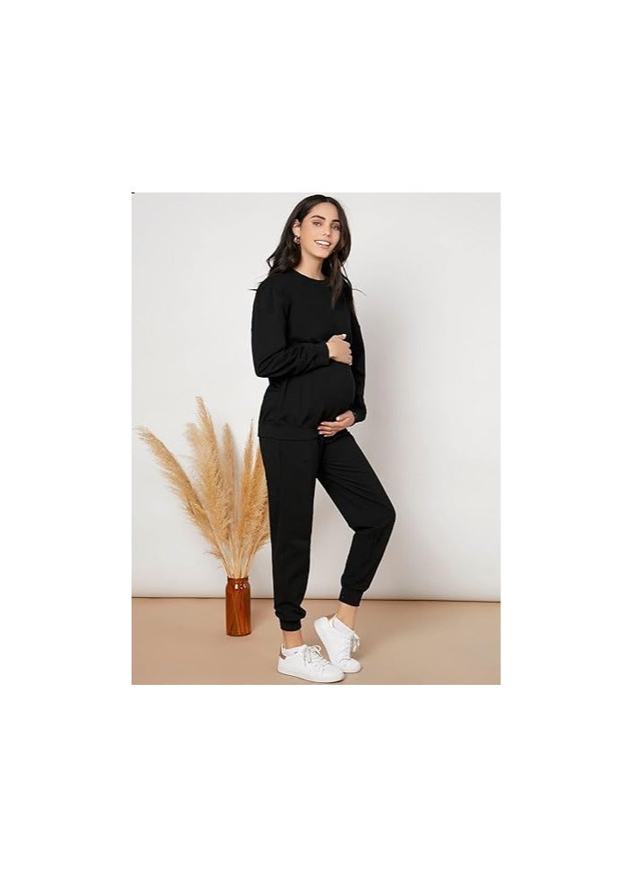 Women's Maternity 2 Piece Outfits Drop Shoulder Sweatshirt Jogger Tracksuit Sets  - Image 4