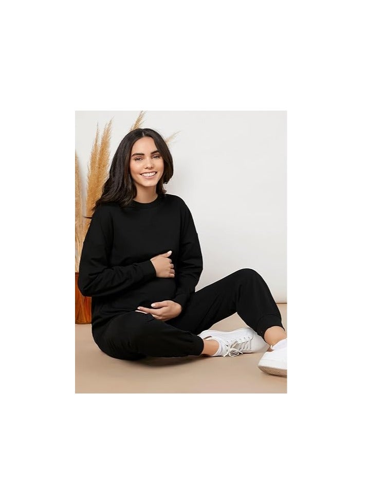 Women's Maternity 2 Piece Outfits Drop Shoulder Sweatshirt Jogger Tracksuit Sets  - Image 3