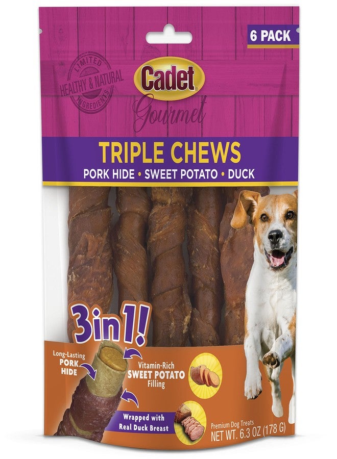 Cadet Gourmet Triple Chews Pork Hide, Sweet Potato, & Duck Dog Treats - Healthy Dog Treats for Small & Large Dogs - Inspected & Tested in USA (6 Count) - Image 1