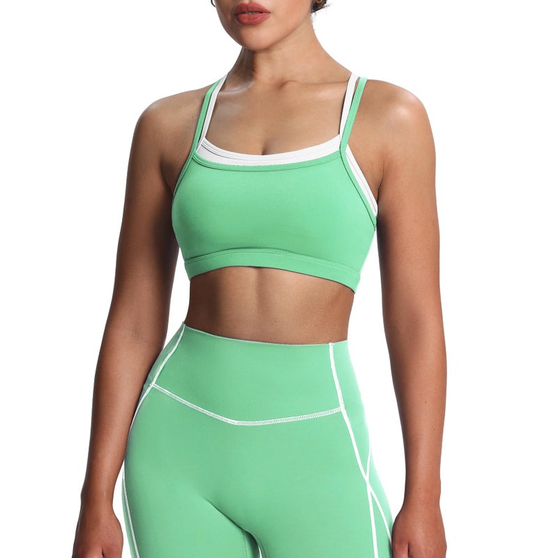 Aoxjox Women's Workout Sports Bras Takes Two Bra High Impact Training Fitness Running Yoga Crop Tank (Katydid Green/White, Medium) - Image 1