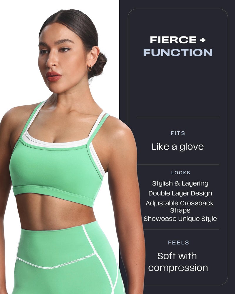 Aoxjox Women's Workout Sports Bras Takes Two Bra High Impact Training Fitness Running Yoga Crop Tank (Katydid Green/White, Medium) - Image 2