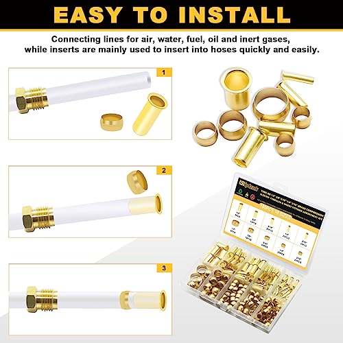 Siptenk 180PCS Brass Compression Sleeves Ferrules & Inserts Tube OD 1/2" 3/8" 5/16" 1/4" 3/16", 5 Sizes Tubing Insert Brass Ferrule Kit for DOT Air Brake LIne Fittings - Image 5