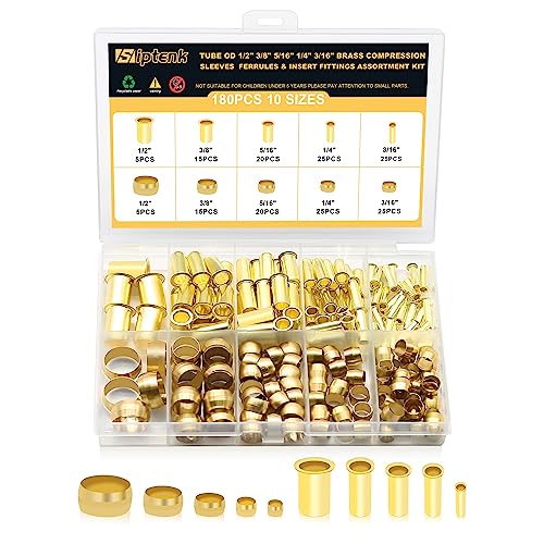 Siptenk 180PCS Brass Compression Sleeves Ferrules & Inserts Tube OD 1/2" 3/8" 5/16" 1/4" 3/16", 5 Sizes Tubing Insert Brass Ferrule Kit for DOT Air Brake LIne Fittings - Image 1
