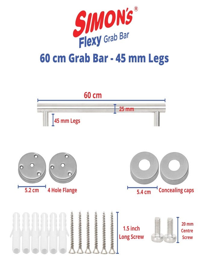 Simon's Flexy 304 Stainless Steel Grab bar for Bathroom and Toilet Safety Handle of Elderly People - 60 cm with 2 Legs of 4.5 cm - Image 2