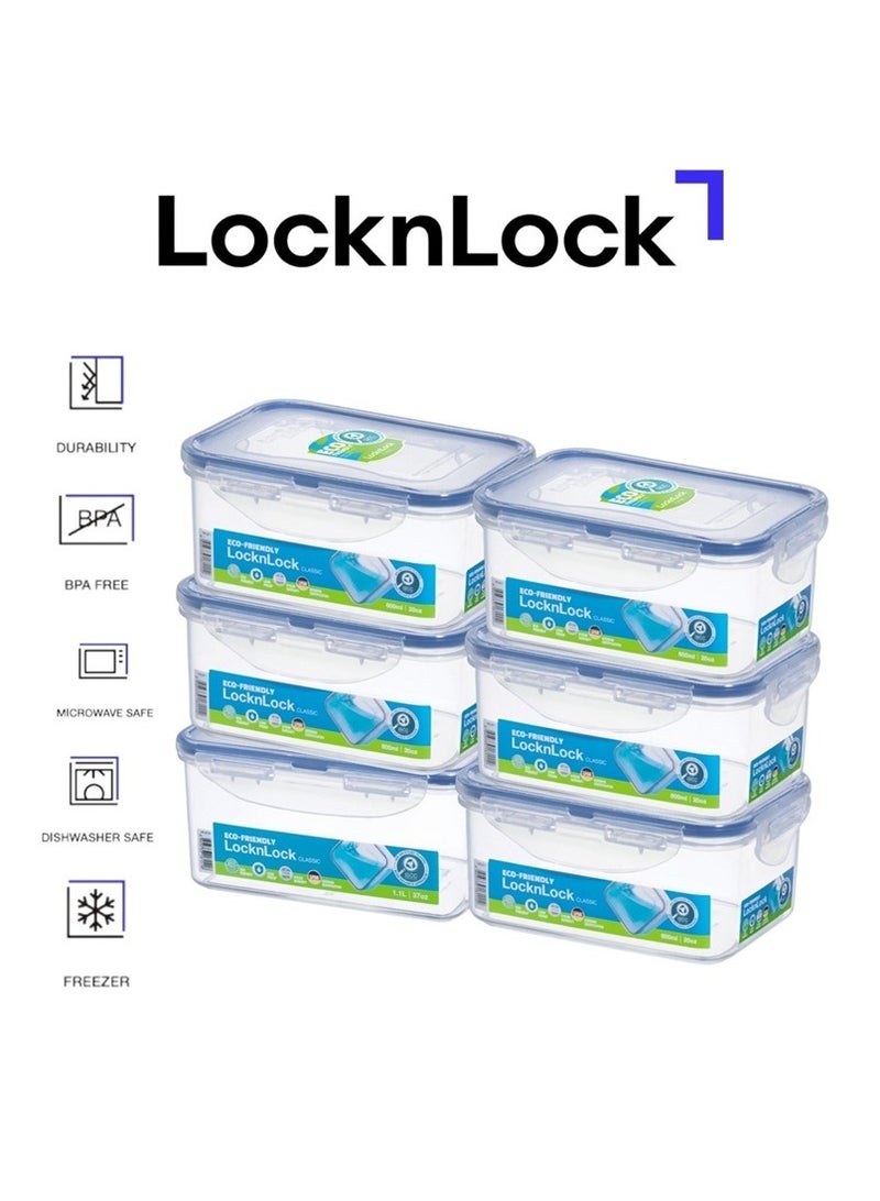 حاوية طعام لوكن لوك مستطيلة 1.1 لتر عبوة من 6 | محكمة الإغلاق، خالية من BPA، صديقة للبيئة، آمنة للاستخدام في الميكروويف والفريزر