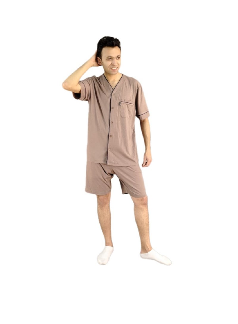 جت بيجامة صيفي بذرائر سادة رقبة   سبعة & شورت - بيج  - Image 2