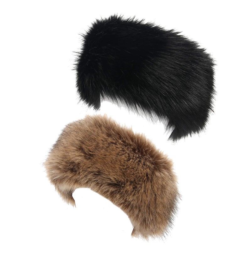 LA CARRIE Faux Fur Headband with Stretch Women's Winter Earwarmer Earmuff (Black & Natural) - Image 1