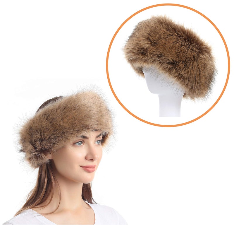 LA CARRIE Faux Fur Headband with Stretch Women's Winter Earwarmer Earmuff (Black & Natural) - Image 3