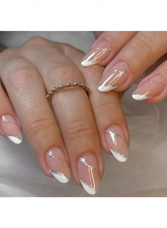 24PCS Fake Nails, Tip Nails Almond Medium Press on Nails with Sequins Designs Glossy, No Damage to Nails, Finished Nails Suitable for Girls - Image 1