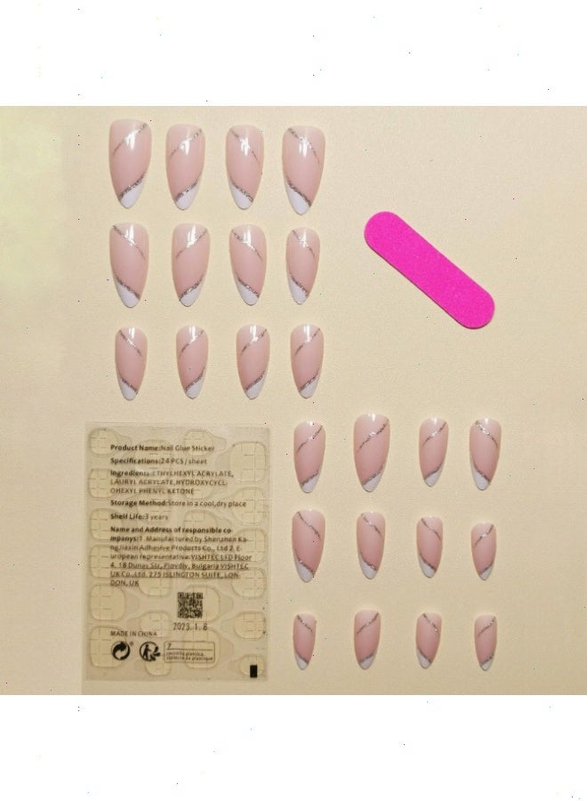 24PCS Fake Nails, Tip Nails Almond Medium Press on Nails with Sequins Designs Glossy, No Damage to Nails, Finished Nails Suitable for Girls - Image 2