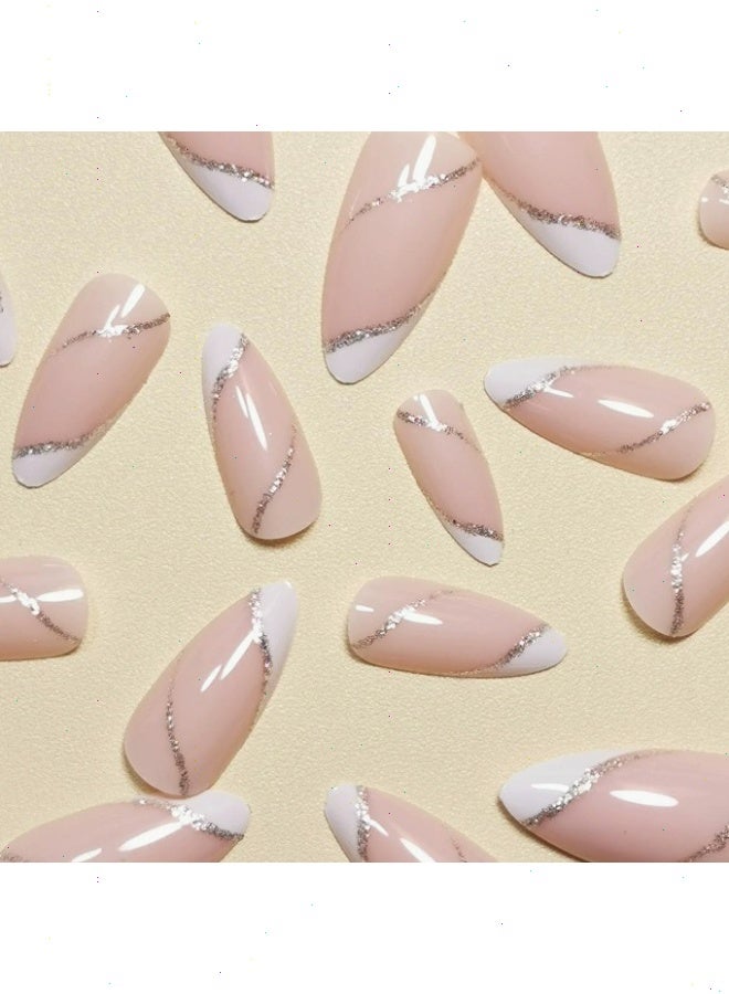 24PCS Fake Nails, Tip Nails Almond Medium Press on Nails with Sequins Designs Glossy, No Damage to Nails, Finished Nails Suitable for Girls - Image 3