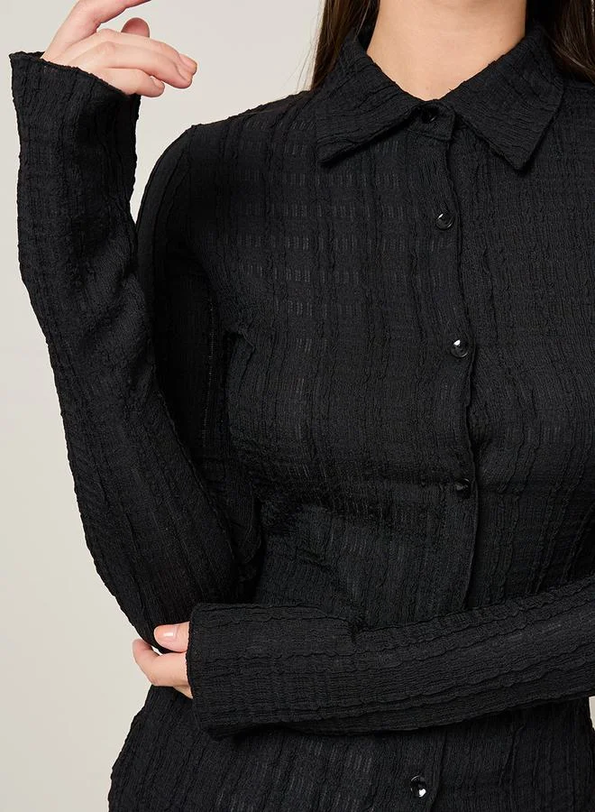 Styli Textured Collared Button Down Top