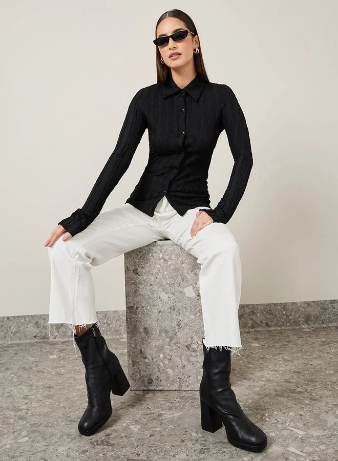 Styli Textured Collared Button Down Top