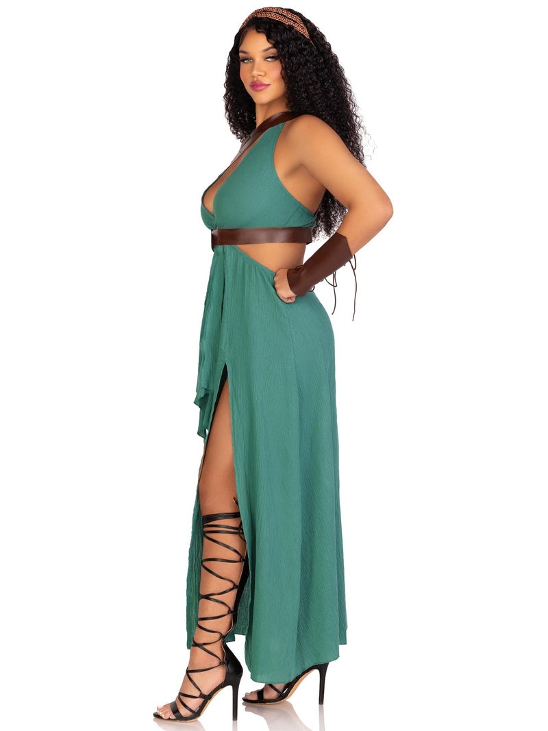 Leg Avenue زي المحاربة النسائي من ليغ أفينيو 4 قطع مع فستان قماش الجاز المقصوص، حزام الكتف، رباط الرأس، وأساور الذراع، أخضر، صغير - Image 2