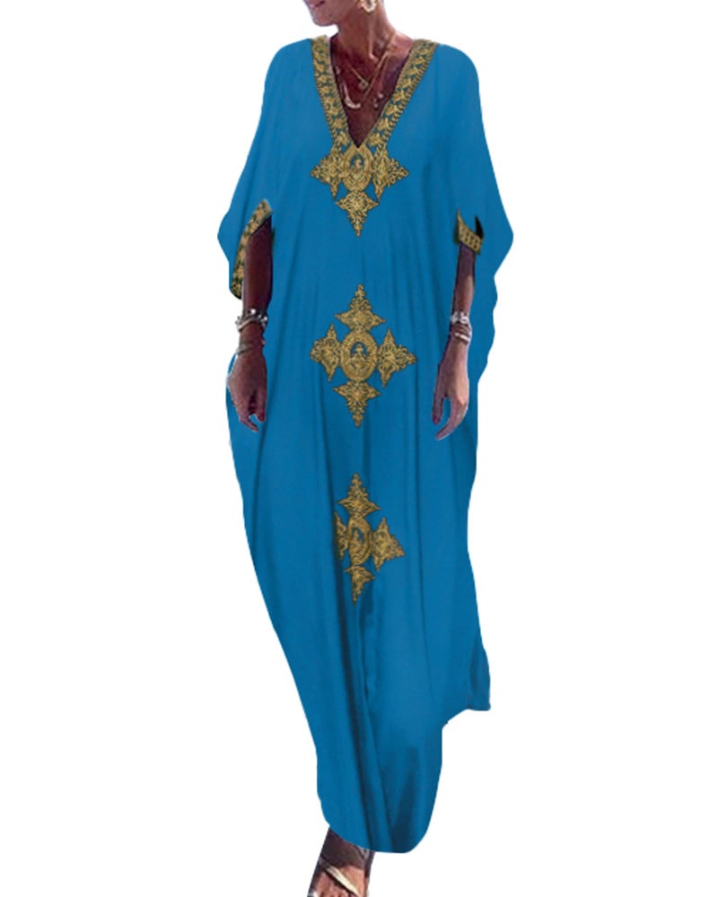 Bsubseach Gold Embroidery Long Kaftan Dresses V Neck Caftan Dress Beach Cover Ups for Women Cyan - Image 1