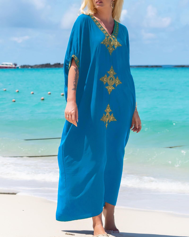 Bsubseach Gold Embroidery Long Kaftan Dresses V Neck Caftan Dress Beach Cover Ups for Women Cyan - Image 4
