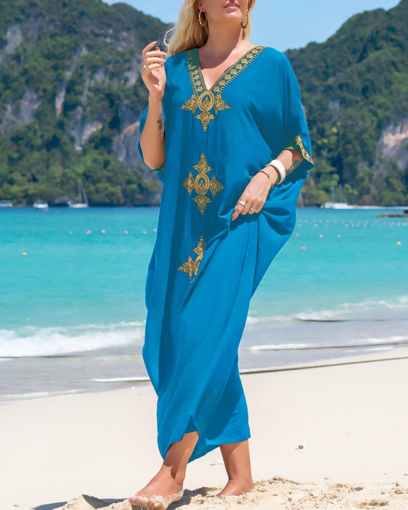 Bsubseach Gold Embroidery Long Kaftan Dresses V Neck Caftan Dress Beach Cover Ups for Women Cyan - Image 3