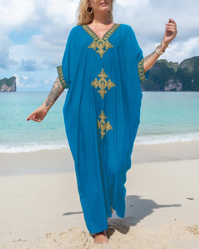 Bsubseach Gold Embroidery Long Kaftan Dresses V Neck Caftan Dress Beach Cover Ups for Women Cyan - Image 2