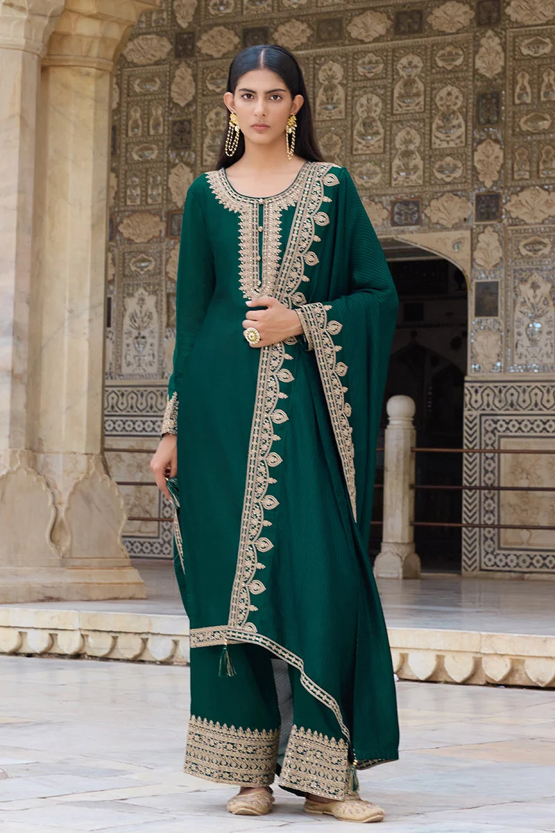 ZERESOUQ Green Silk Blend Solid Embroidered Straight Kurta Set