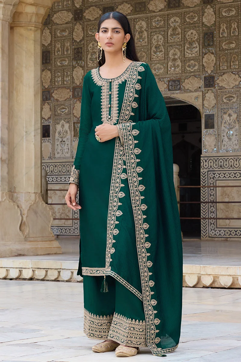 زيري سوق Green Silk Blend Solid Embroidered Straight Kurta Set
