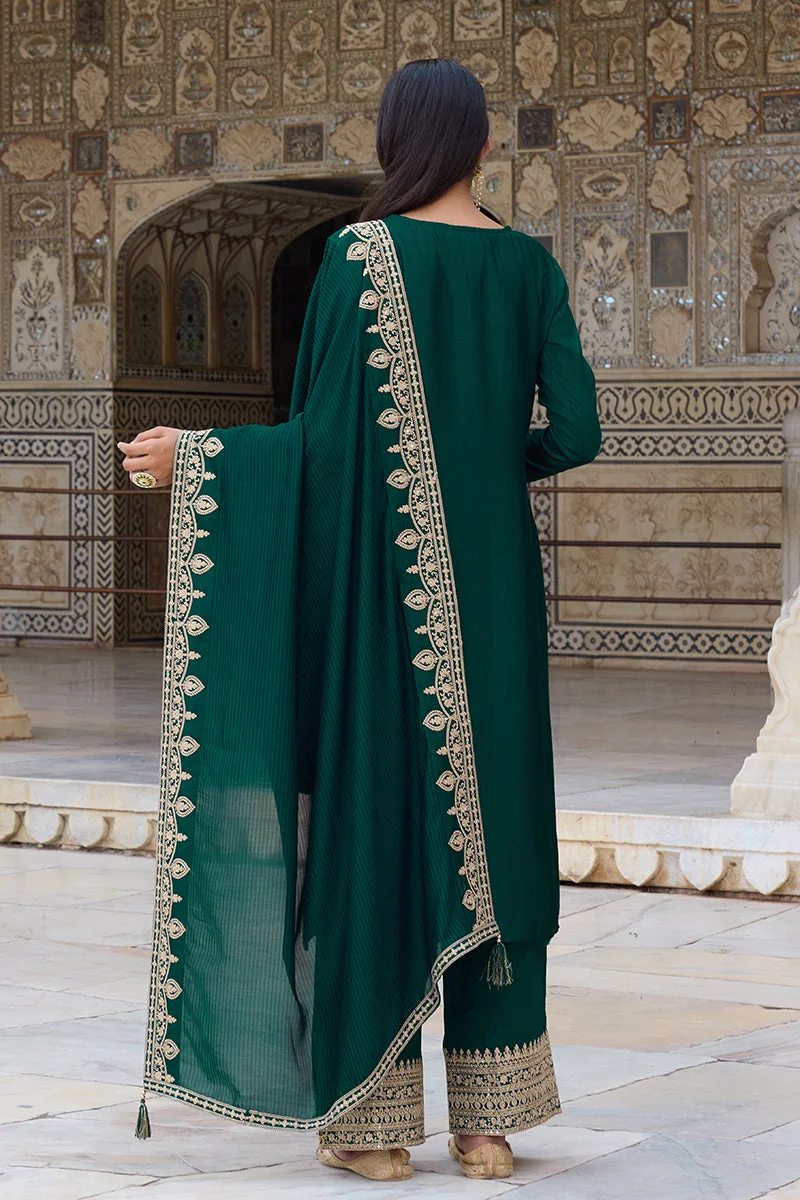 ZERESOUQ Green Silk Blend Solid Embroidered Straight Kurta Set
