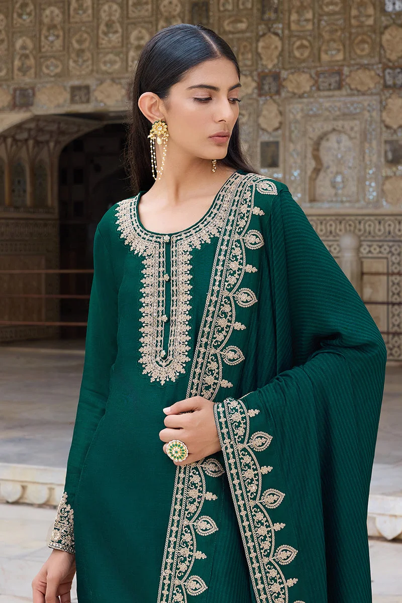 ZERESOUQ Green Silk Blend Solid Embroidered Straight Kurta Set