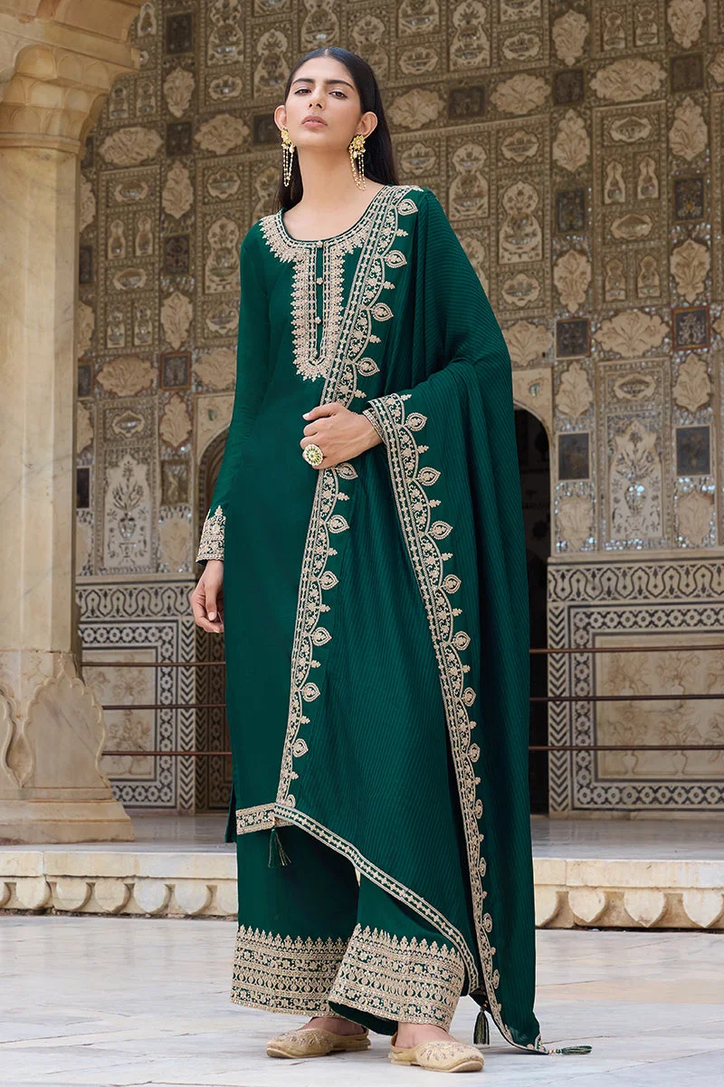 زيري سوق Green Silk Blend Solid Embroidered Straight Kurta Set