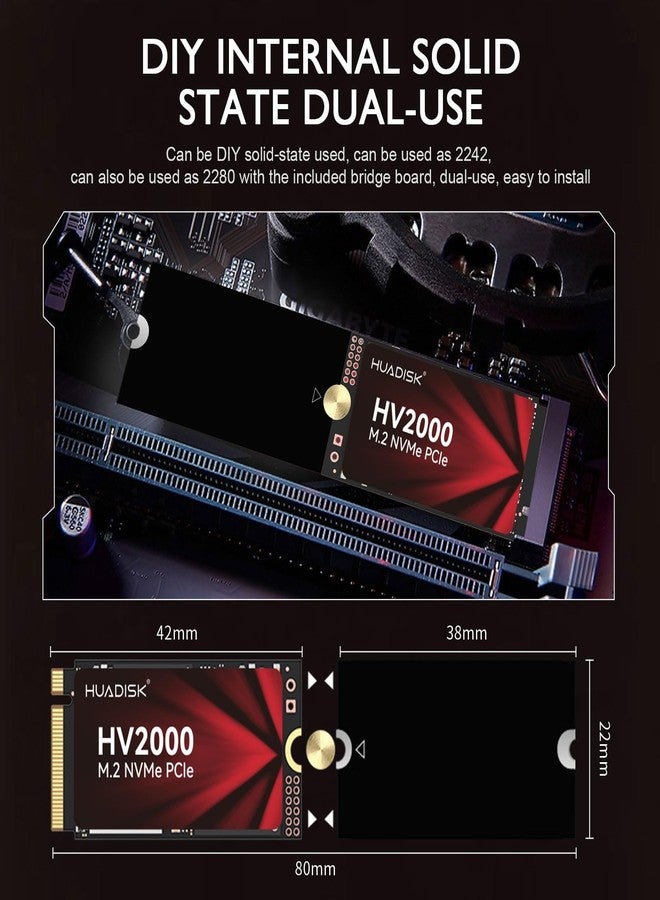 قرص صلب داخلي من نوع HUADISK M2 SSD، M.2 NVMe SSD مزود بمشتت حراري، سعة 128 جيجابايت NVMe Gen3x4، M.2 2242 مع لوحة توسعة 2280، سرعة نقل بيانات تصل إلى 2200 ميجابايت/ثانية، ذاكرة فلاش ثلاثية الأبعاد NAND، متوافق مع أجهزة الكمبيوتر المكتبية والمحمولة. - Image 4