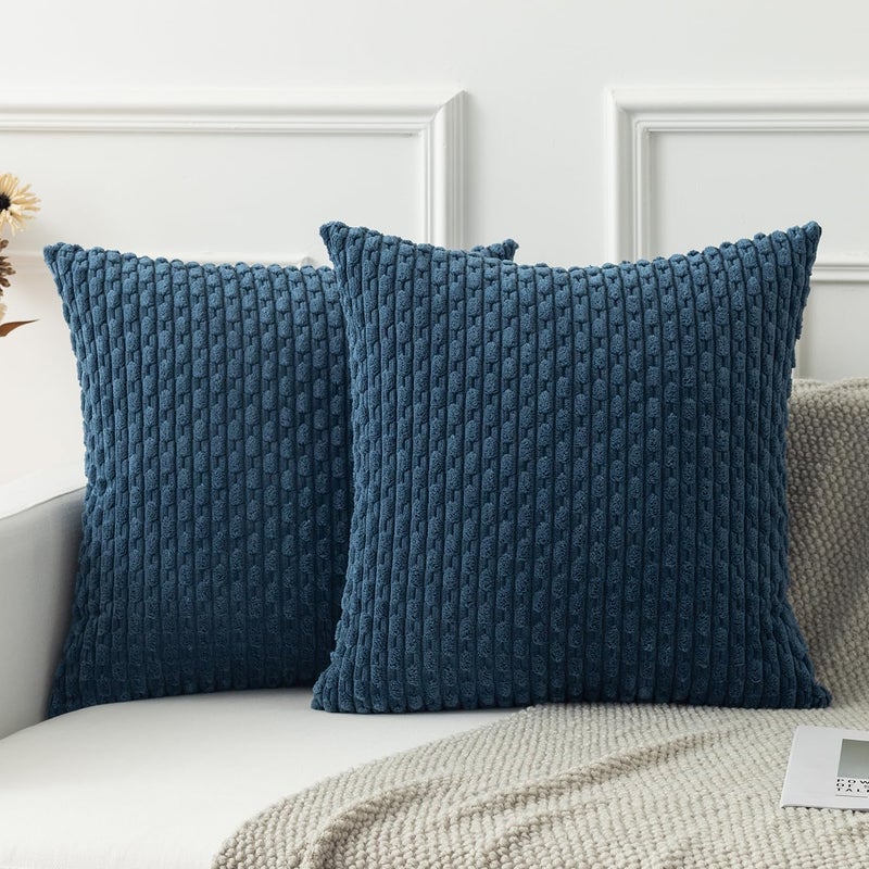 K KEVIN TEXTILE Kevin Textile Pack of 2 Blue Corduroy Decorative Throw Pillow Covers 16x16 Inch Soft Boho Striped Pillow Covers Modern Farmhouse Home Decor for Autumn Sofa Living Room Couch Bed - Image 1