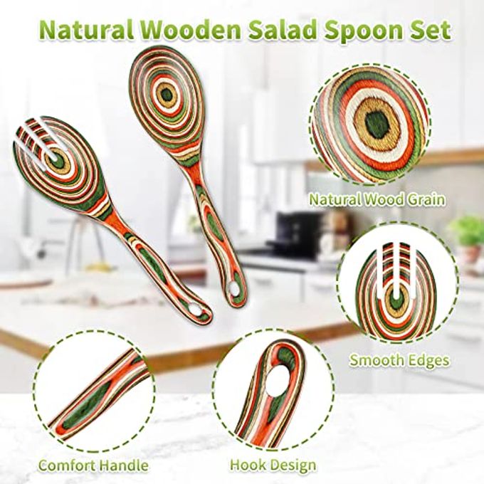 wosponfan Salad Tongs, Wooden spoons, Salad Tongs for Serving, WOSPONFAN 10-inch Pakkawood Serving Utensils Set Salad Servers Set Kitchen Cooking Utensil - Image 2