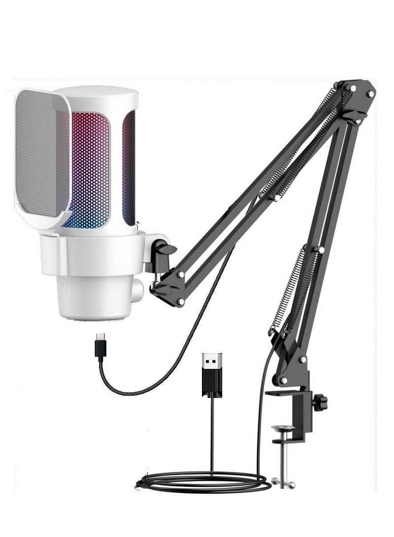Gaming PC USB Microphone Podcast Condenser Mic with Boom Arm Pop Filter Mute on for Streaming Twitch Online Chat RGB Computer Mic for PS4 PC Gamer Youtuber White - Image 1