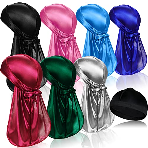 ASKNOTO 7 PCS Silky Durags with Long Tail and 1 Satin Wave Cap, Do Rags for Men 360 Waves Multicolour - Image 1