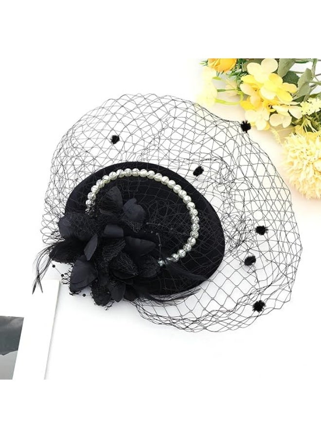 قبعات حفلات الشاي من عشرينيات وخمسينيات القرن الماضي، قبعات حفلات الشاي مع حجاب شبكي من الريش لحفلات الزفاف والهالوين وحفلات الأزياء - Image 4