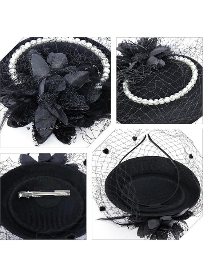 قبعات حفلات الشاي من عشرينيات وخمسينيات القرن الماضي، قبعات حفلات الشاي مع حجاب شبكي من الريش لحفلات الزفاف والهالوين وحفلات الأزياء - Image 3
