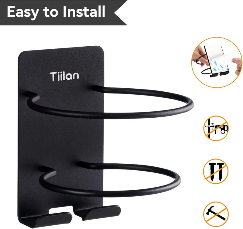 Tiilan Hair Dryer Holder Wall Mount, Blow Dryer Holder Self Adhesive, SUS 304 Stainless Steel, Bathroom Hair Tool Organizer Rack, Black - Image 5