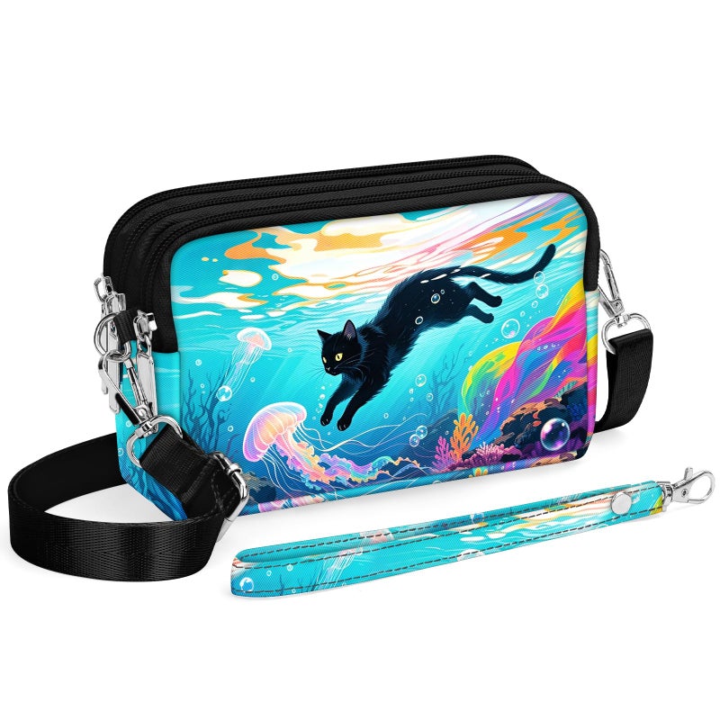 YINHEXI Small Crossbody Bag for Women Small Shoulder Handbags Nylon Quilted 3 Zippers Cell Phone Wallet Bag Purse for Women (Blue Sea Cat) - Image 1