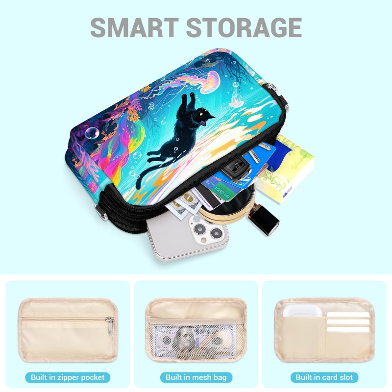 YINHEXI Small Crossbody Bag for Women Small Shoulder Handbags Nylon Quilted 3 Zippers Cell Phone Wallet Bag Purse for Women (Blue Sea Cat) - Image 3