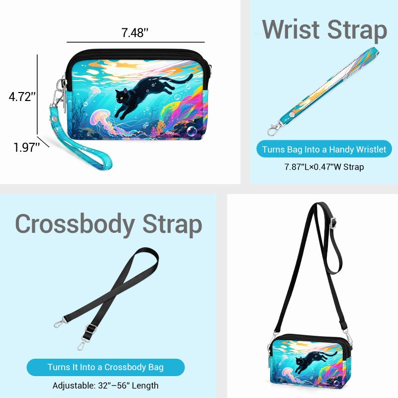 YINHEXI Small Crossbody Bag for Women Small Shoulder Handbags Nylon Quilted 3 Zippers Cell Phone Wallet Bag Purse for Women (Blue Sea Cat) - Image 4