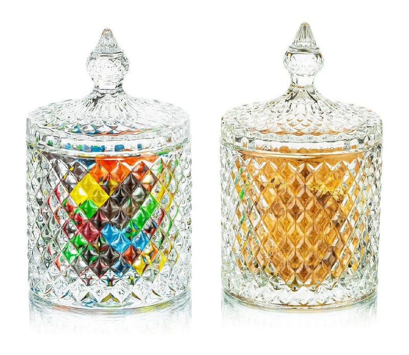 KELVEE Glass Candy Dish with Lid Crystal Candy Jar Decorative Candy Bowl Cookie Jar Jewelry Dish Covered Candy Jar Small Glass Jars for Buffet Kitchen Home Office Desk Set of 2 - Image 1