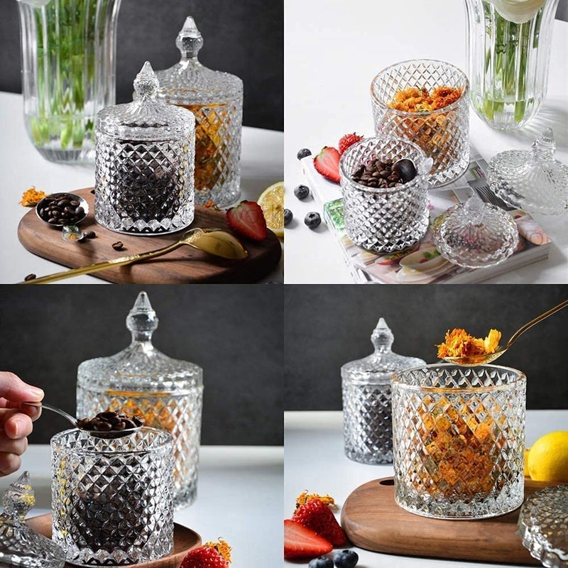 KELVEE Glass Candy Dish with Lid Crystal Candy Jar Decorative Candy Bowl Cookie Jar Jewelry Dish Covered Candy Jar Small Glass Jars for Buffet Kitchen Home Office Desk Set of 2 - Image 4