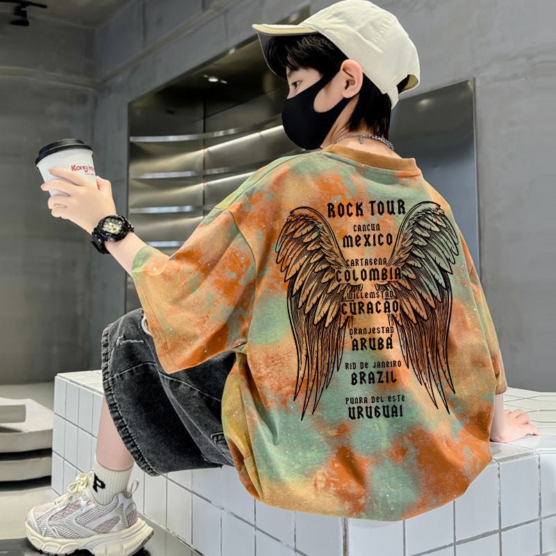 Boys' Cotton Short-sleeved T-shirt 2025 New Loose Tie-dyed Casual Korean T-shirt Trendy T-shirt - Image 1
