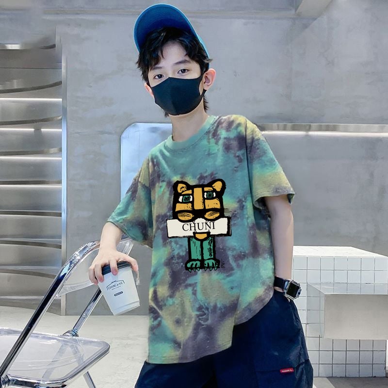 Boys' Cotton Short-sleeved T-shirt 2025 New Loose Tie-dyed Casual Korean T-shirt Trendy T-shirt - Image 4