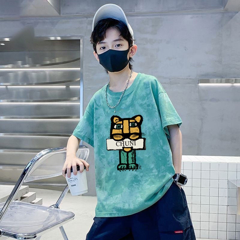 Boys' Cotton Short-sleeved T-shirt 2025 New Loose Tie-dyed Casual Korean T-shirt Trendy T-shirt - Image 2