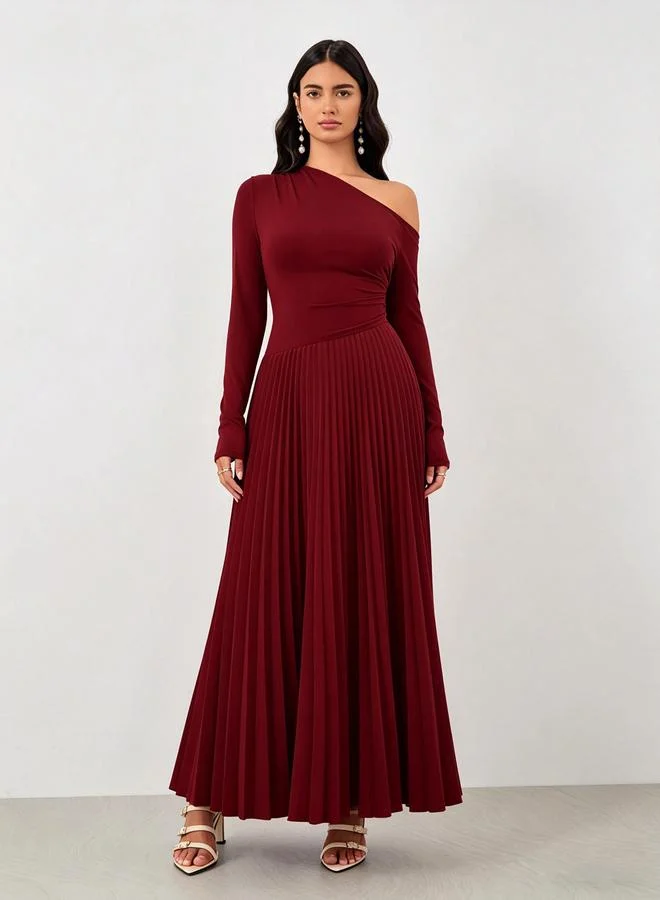 Take Two Red Asymmetrical Neck Pleated Maxi Dress
