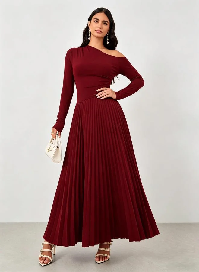 Take Two Red Asymmetrical Neck Pleated Maxi Dress