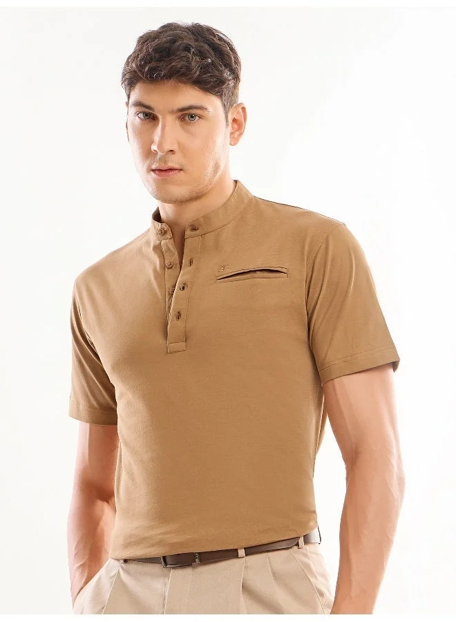 Beyoung Golden Brown Solid Henley T-shirt